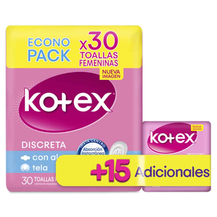 Imagen de  Toallas Sanitarias KOTEX Discreta tipo Tela con Alas 30 unidades